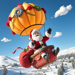 Santa Claus joyfully riding in a vibrant hot air balloon against a clear blue sky, with colorful decorations on the balloon, a snowy village in the background, and a few fluffy clouds scattered around