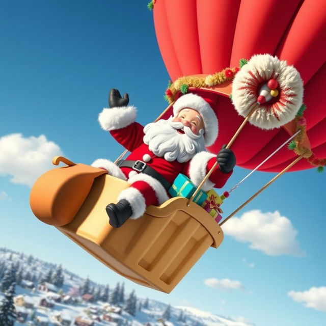 Santa Claus joyfully riding in a vibrant hot air balloon against a clear blue sky, with colorful decorations on the balloon, a snowy village in the background, and a few fluffy clouds scattered around