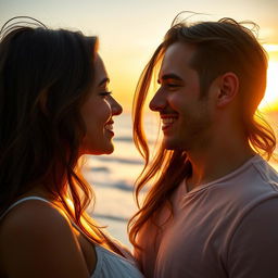 Two beautiful adults standing face to face, gazing into each other's eyes with deep emotion, a warm sunset casting a golden glow on their skin, their hair gently tousled by a soft breeze