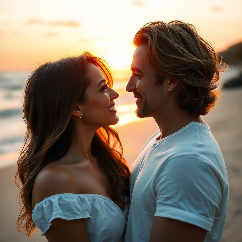 Two beautiful adults standing face to face, gazing into each other's eyes with deep emotion, a warm sunset casting a golden glow on their skin, their hair gently tousled by a soft breeze