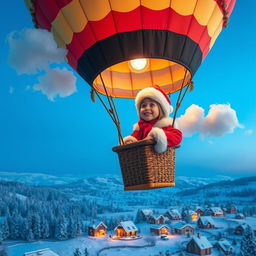 An enchanting scene of 'Mama Klaus' inside a colorful hot air balloon, soaring high above a picturesque winter landscape
