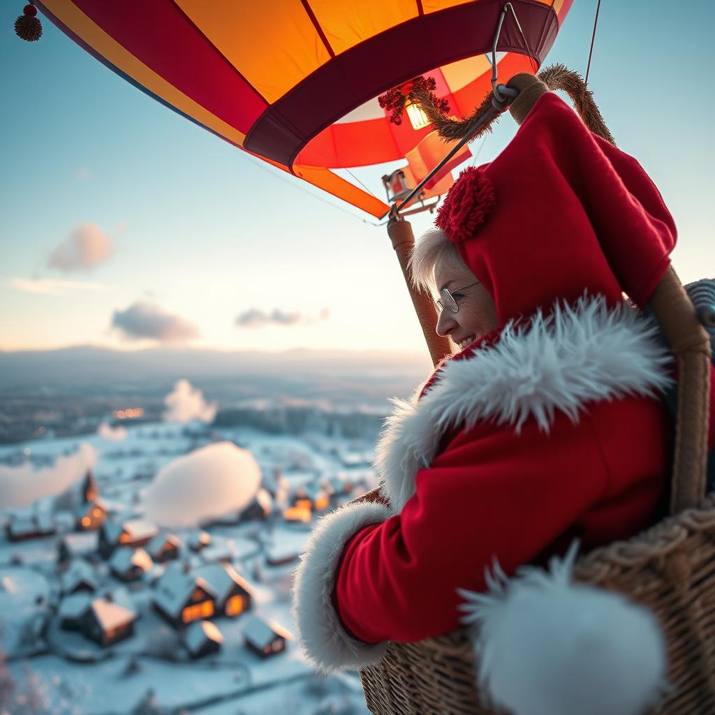 An enchanting scene of 'Mama Klaus' inside a colorful hot air balloon, soaring high above a picturesque winter landscape