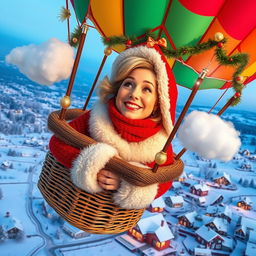 An enchanting scene of 'Mama Klaus' inside a colorful hot air balloon, soaring high above a picturesque winter landscape
