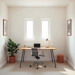 A modern 4m x 4m office-like room featuring two vertical windows positioned in the middle of one wall