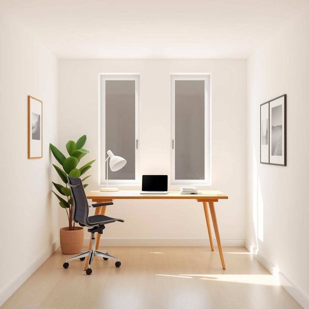 A modern 4m x 4m office-like room featuring two vertical windows positioned in the middle of one wall