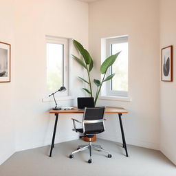 A modern 4m x 4m office-like room featuring two vertical windows positioned in the middle of one wall