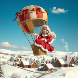 A delightful scene featuring 'Mother Klaus' inside a charming hot air balloon, gently floating above a scenic winter wonderland