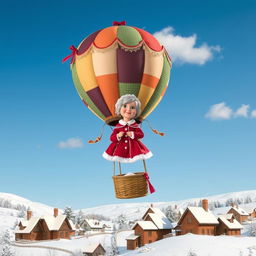 A delightful scene featuring 'Mother Klaus' inside a charming hot air balloon, gently floating above a scenic winter wonderland