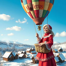 A delightful scene featuring 'Mother Klaus' inside a charming hot air balloon, gently floating above a scenic winter wonderland