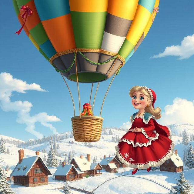 A delightful scene featuring 'Mother Klaus' inside a charming hot air balloon, gently floating above a scenic winter wonderland