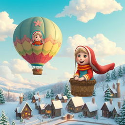 A whimsical scene featuring 'Sister Klaus' inside a lovely hot air balloon, floating gracefully over a charming winter landscape