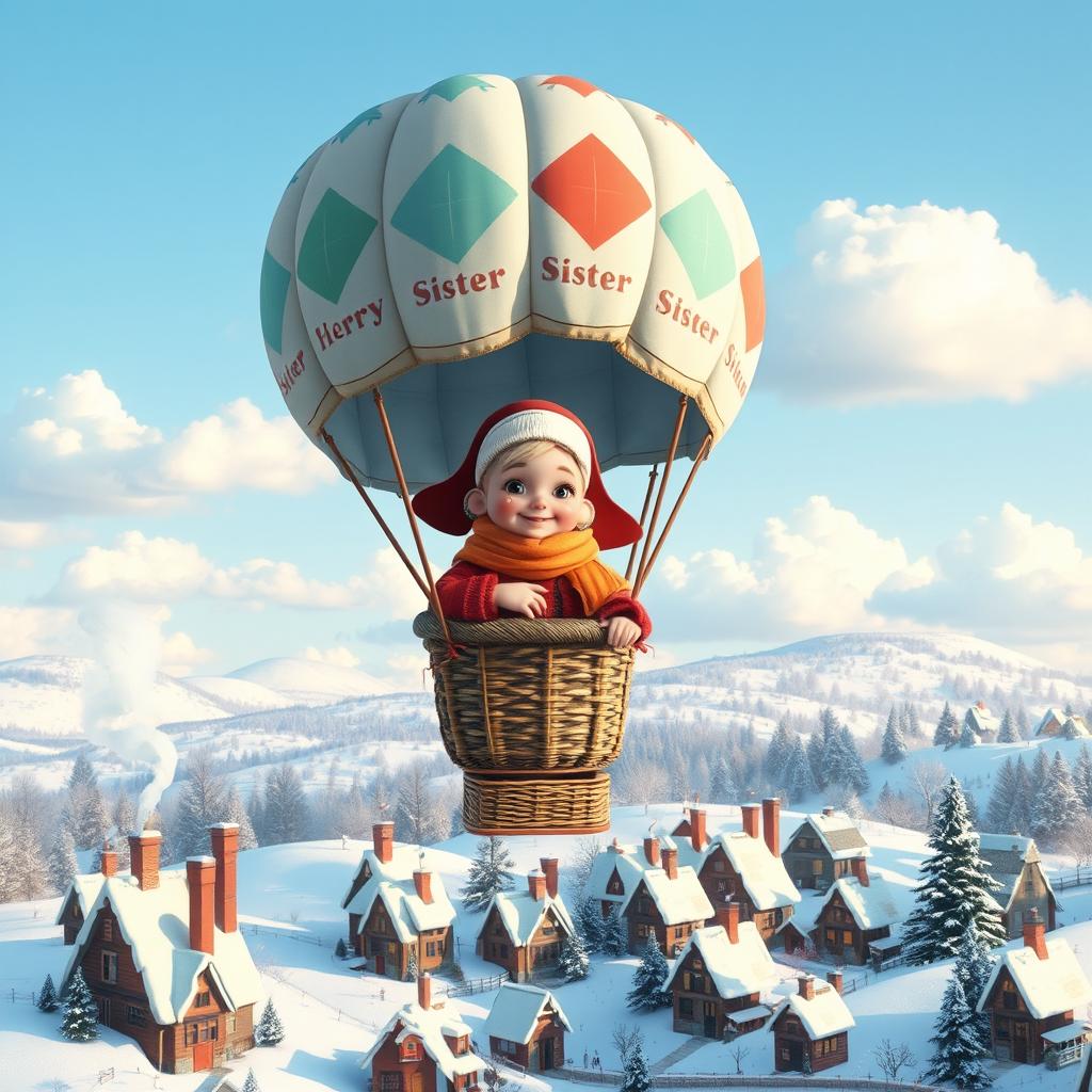 A whimsical scene featuring 'Sister Klaus' inside a lovely hot air balloon, floating gracefully over a charming winter landscape