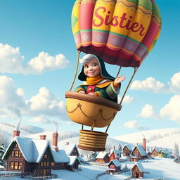 A whimsical scene featuring 'Sister Klaus' inside a lovely hot air balloon, floating gracefully over a charming winter landscape