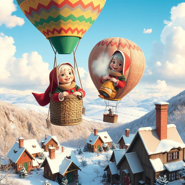 A whimsical scene featuring 'Sister Klaus' inside a lovely hot air balloon, floating gracefully over a charming winter landscape