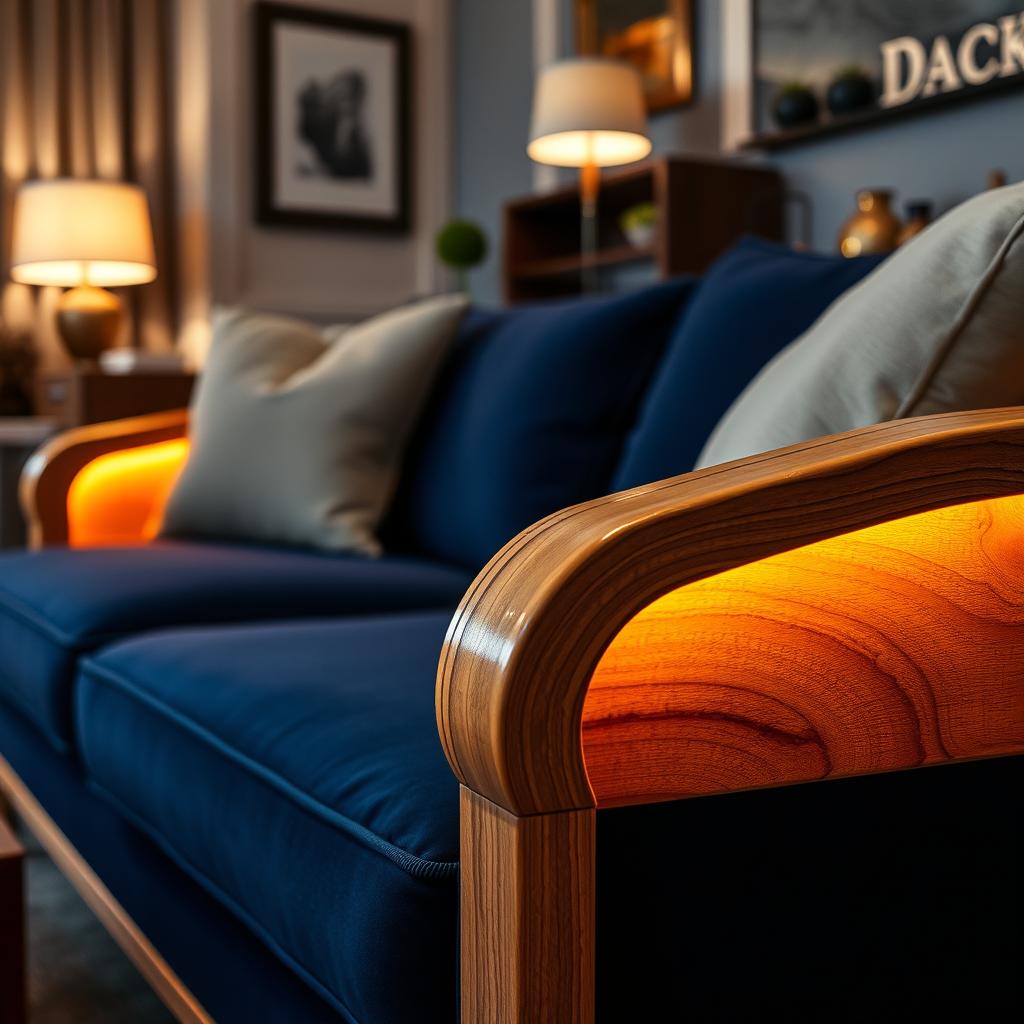 A luxurious living room featuring a beautifully designed couch with a bright wooden frame