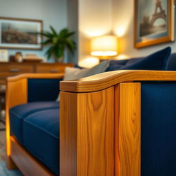 A luxurious living room featuring a beautifully designed couch with a bright wooden frame