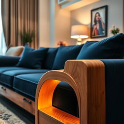 A luxurious living room featuring a beautifully designed couch with a bright wooden frame