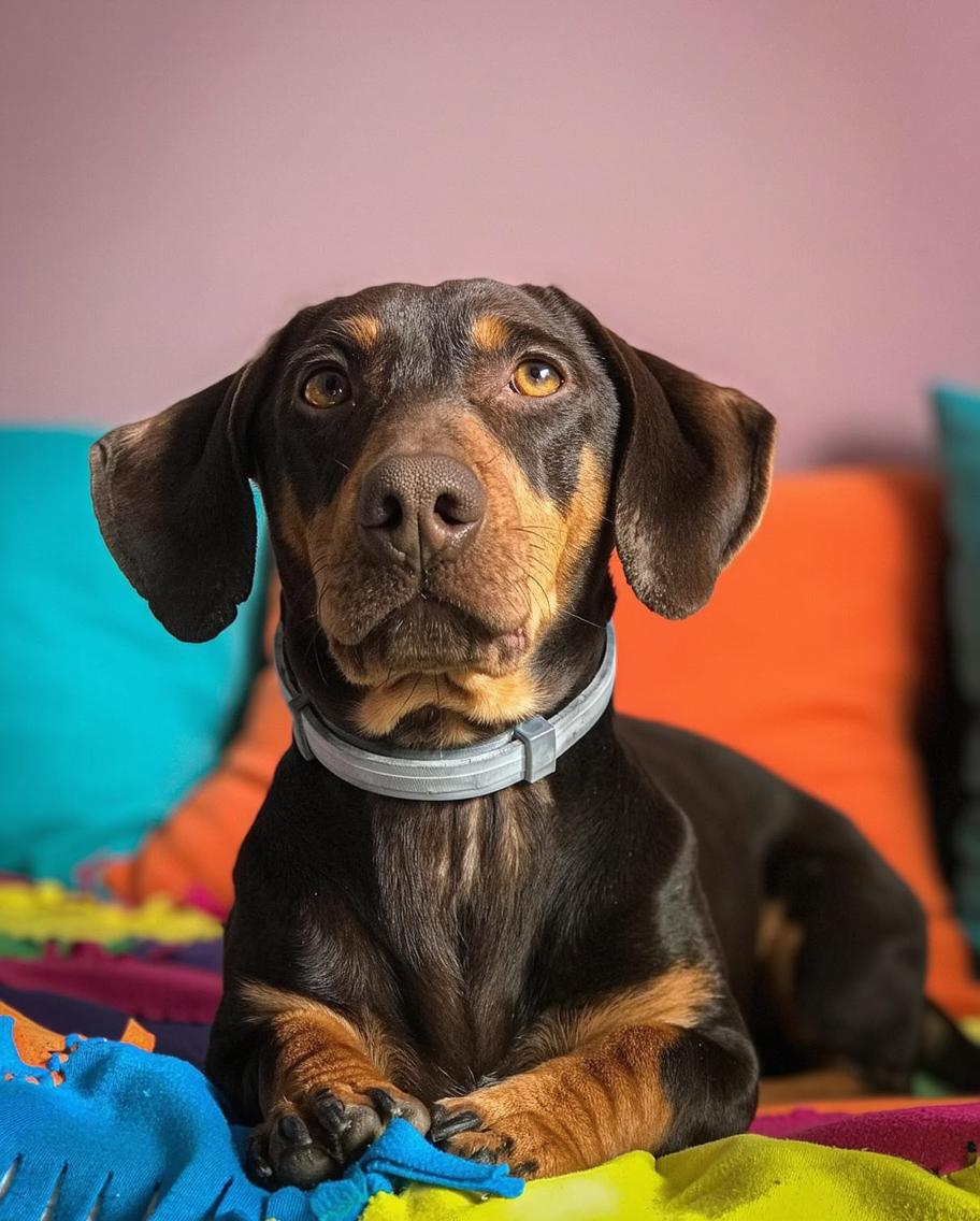 A close-up of a calm and attentive dog, featuring a smooth coat with a mix of brown and black fur