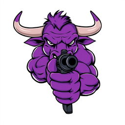 A stylized vector illustration of a purple bull aggressively pointing a gun forward