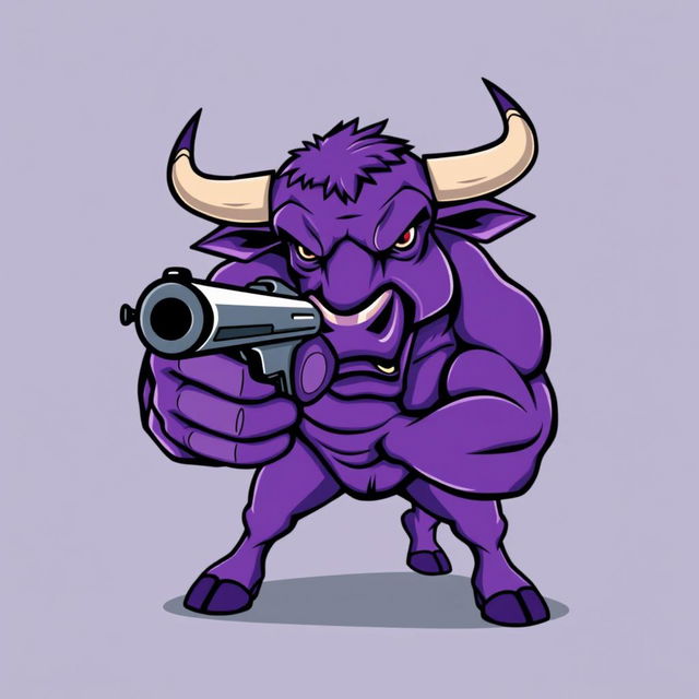 A stylized vector illustration of a purple bull aggressively pointing a gun forward