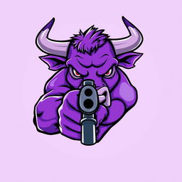 A stylized vector illustration of a purple bull aggressively pointing a gun forward