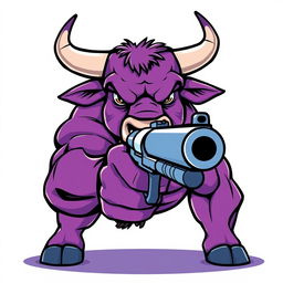 A stylized vector illustration of a purple bull aggressively pointing a gun forward