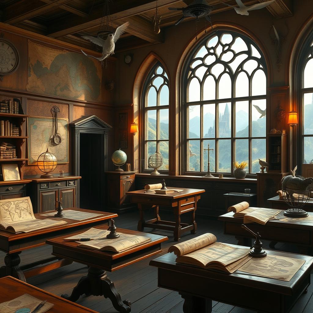 A captivating and imaginative depiction of a Magical Geography classroom inspired by the Harry Potter universe