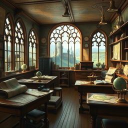 A captivating and imaginative depiction of a Magical Geography classroom inspired by the Harry Potter universe