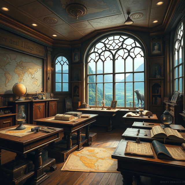 A captivating and imaginative depiction of a Magical Geography classroom inspired by the Harry Potter universe