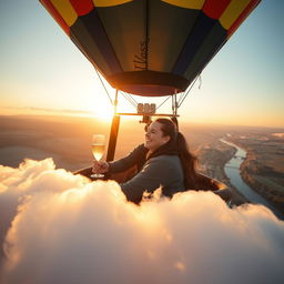 A romantic couple named Klaus enjoying a serene ride in a colorful hot air balloon, soaring above picturesque landscapes