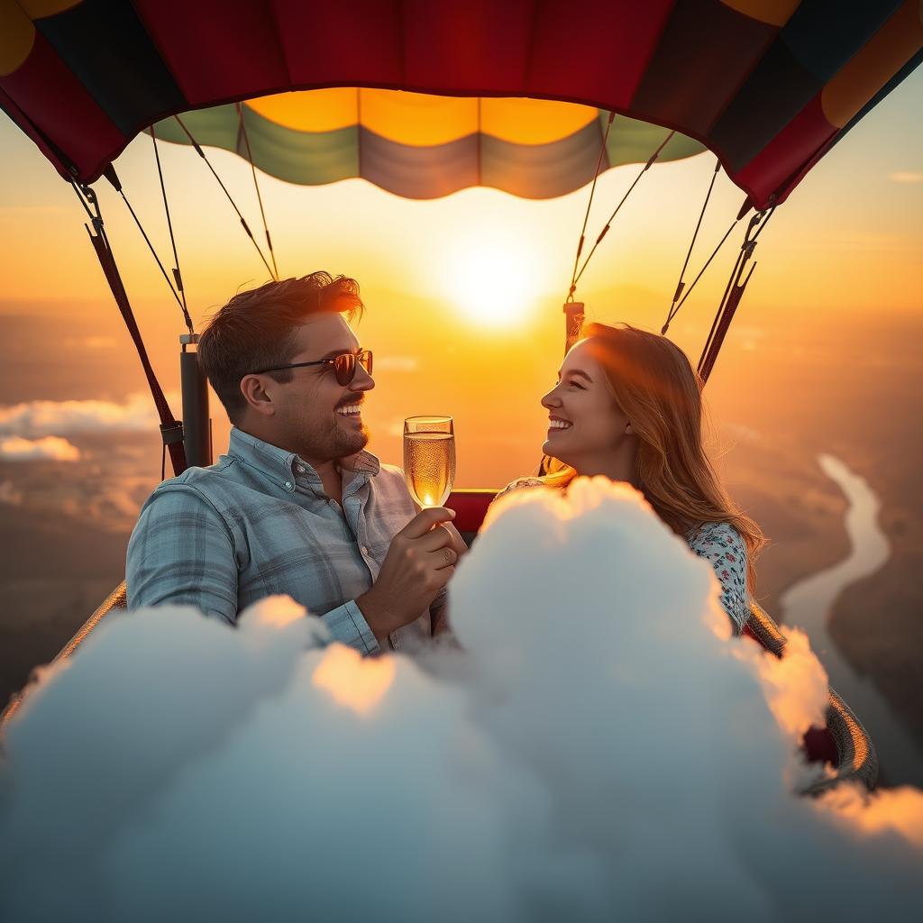 A romantic couple named Klaus enjoying a serene ride in a colorful hot air balloon, soaring above picturesque landscapes