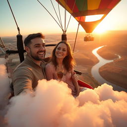 A romantic couple named Klaus enjoying a serene ride in a colorful hot air balloon, soaring above picturesque landscapes