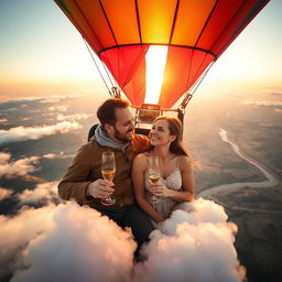 A romantic couple named Klaus enjoying a serene ride in a colorful hot air balloon, soaring above picturesque landscapes