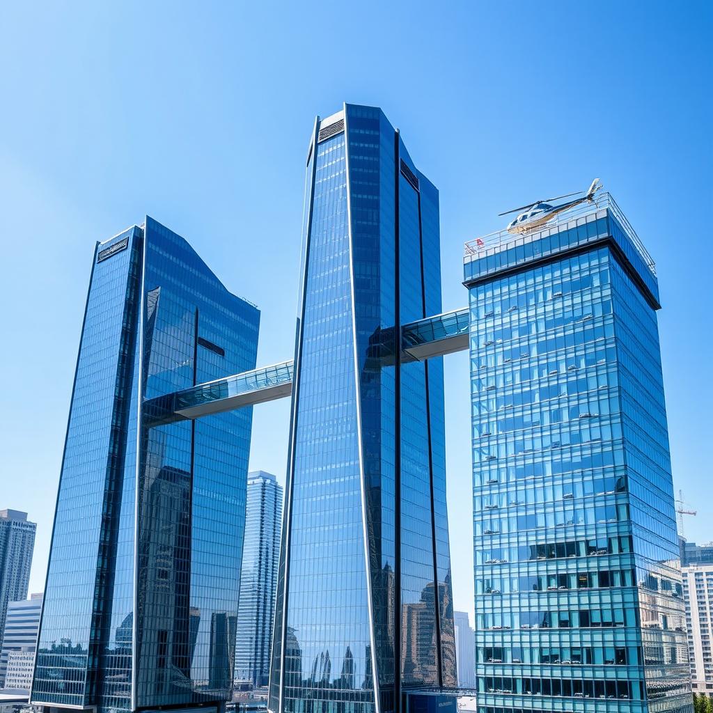 Three sleek, modern commercial towers standing side by side, featuring a futuristic architectural design