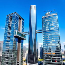 Three sleek, modern commercial towers standing side by side, featuring a futuristic architectural design