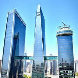 Three sleek, modern commercial towers standing side by side, featuring a futuristic architectural design