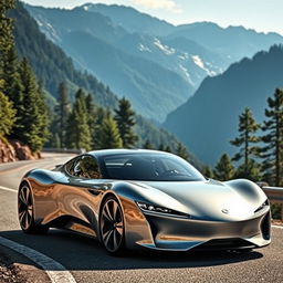 A sleek and futuristic car, designed with aerodynamic curves and a shiny metallic finish reflecting the sky