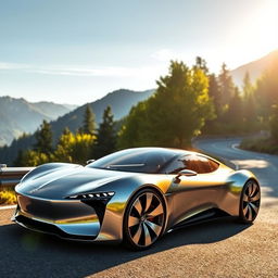 A sleek and futuristic car, designed with aerodynamic curves and a shiny metallic finish reflecting the sky