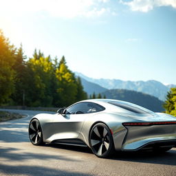 A sleek and futuristic car, designed with aerodynamic curves and a shiny metallic finish reflecting the sky