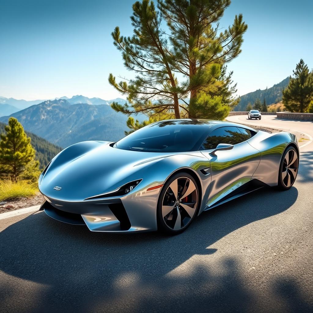 A sleek and futuristic car, designed with aerodynamic curves and a shiny metallic finish reflecting the sky