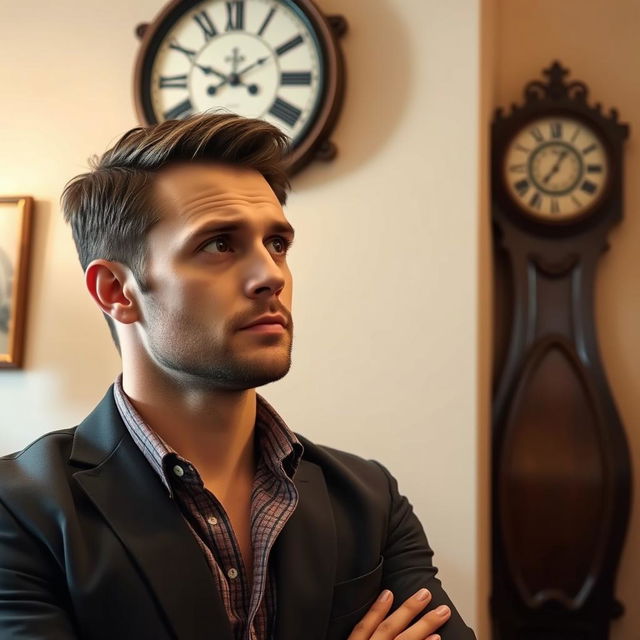 A man gazing thoughtfully at a wall clock, dressed in a smart casual outfit, with a slightly puzzled expression on his face