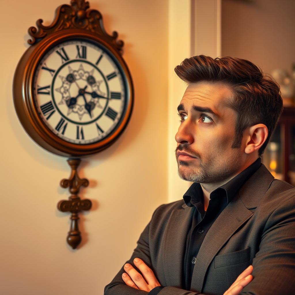 A man gazing thoughtfully at a wall clock, dressed in a smart casual outfit, with a slightly puzzled expression on his face