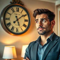 A man gazing thoughtfully at a wall clock, dressed in a smart casual outfit, with a slightly puzzled expression on his face