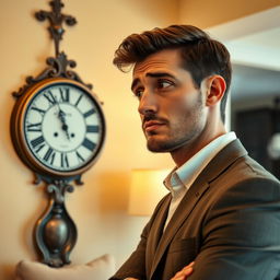 A man gazing thoughtfully at a wall clock, dressed in a smart casual outfit, with a slightly puzzled expression on his face