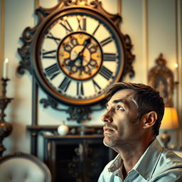 A focused man gazing intently at a large, ornate wall clock in a beautifully decorated room