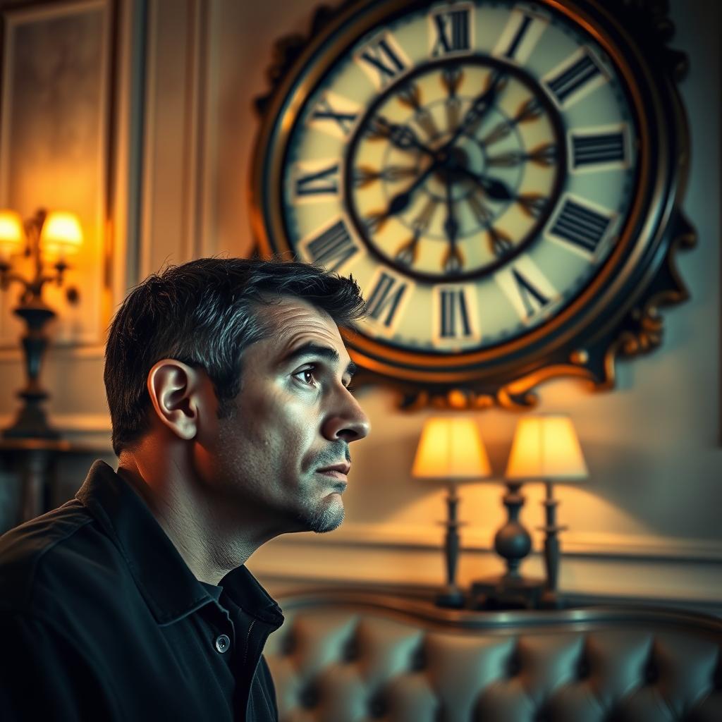 A focused man gazing intently at a large, ornate wall clock in a beautifully decorated room