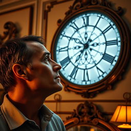 A focused man gazing intently at a large, ornate wall clock in a beautifully decorated room