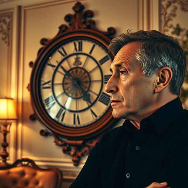 A focused man gazing intently at a large, ornate wall clock in a beautifully decorated room