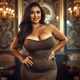 A voluptuous woman with large breasts, standing confidently in a glamorous setting