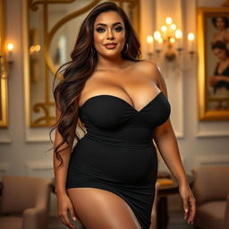 A voluptuous woman with large breasts, standing confidently in a glamorous setting